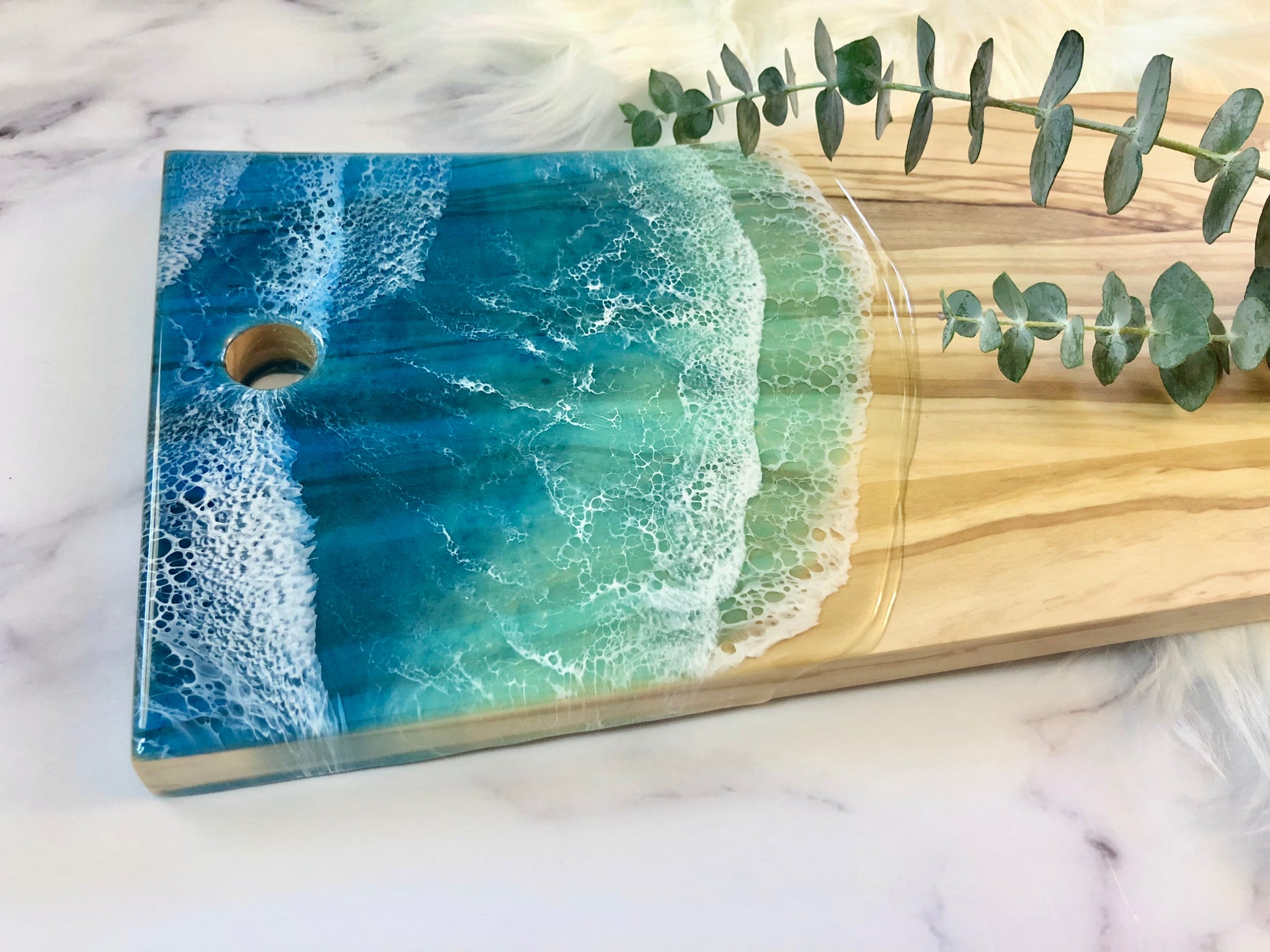Ocean Wave Resin Serving Board, Surfboard Shaped Cutting Board, Bamboo,  Turquoise Epoxy Resin Waves, Cheese Board, Surf Tray 